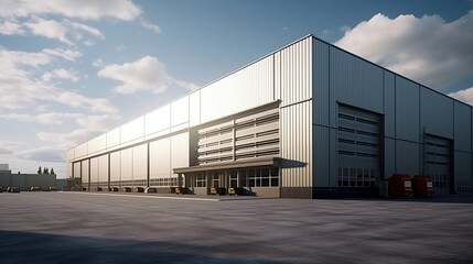 Fototapeta premium A wide shot of a modern, expansive, gray metal industrial ehouse building under a cloudy sky with large bay doors and a central entrance.