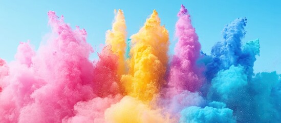 Fototapeta premium Colorful powder explosion against blue sky, festive background