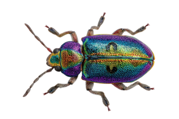 Iridescent beetle; purple, gold, rainbow. Black background