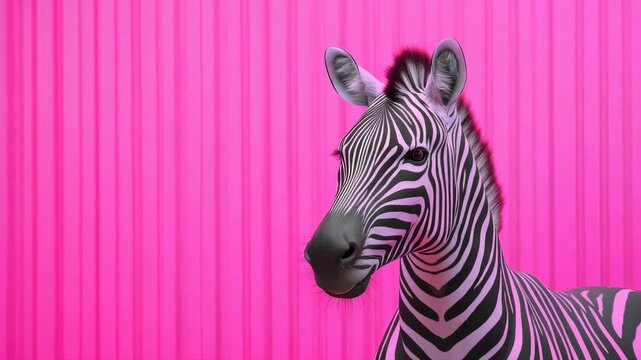 A zebra standing in a pink room with stripes on the walls.