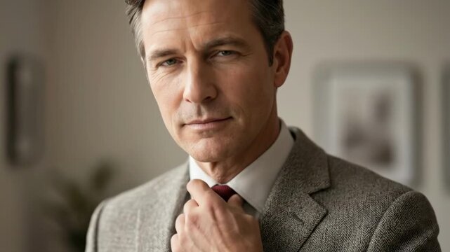classy man - A confident, middle-aged man in a stylish outfit adjusts his tie, standing in a well-lit room with a modern aesthetic, exuding professionalism and charisma