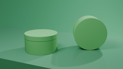 3D Two Cosmetic Jars Mockup, Pastel Mint Green Skincare Packaging on Minimalist Cube Podium, Clean Branding Presentation