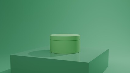 3D Single Cosmetic Jar Mockup, Deep Mint Green Skincare Packaging on Cube Podium with Focused Studio Lighting, Premium Product Display