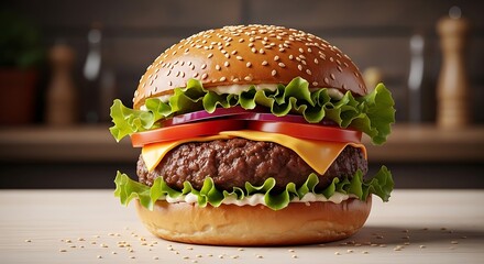 A mouthwatering cheeseburger sits on a light wooden surface, showcasing its layered toppings and golden brown bun.