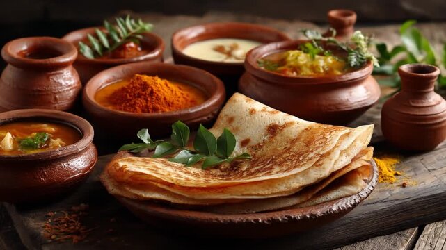 A beautifully arranged platter featuring various Indian dishes including dosa, curry, and chutneys, set on a rustic wooden table with clay pots and fresh herbs in the background