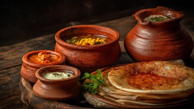 A traditional Indian meal featuring freshly made dosa served with a variety of vibrant curries and chutneys in clay pots, set against a rustic wooden background