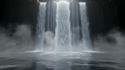 Majestic Triple Waterfall Illuminated by Dramatic Lighting Creates a Serene and Mystical Atmosphere