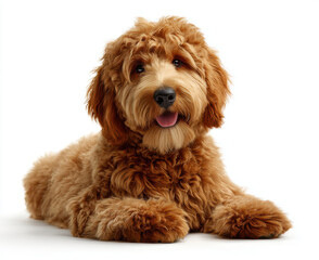Fototapeta premium Happy and content golden brown labradoodle lies comfortably on white background, showcasing its fluffy coat and playful expression. This adorable dog exudes warmth and friendliness