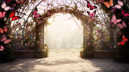 Fototapeta premium An Enchanted Garden Archway Adorned with Lush Roses and Fluttering Butterflies