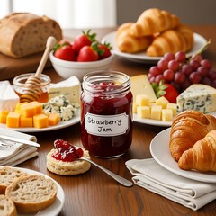 A delightful array of breakfast treats, including croissants, bread, cheese, grapes, and a jar of strawberry jam, beautifully displayed on a wooden table.