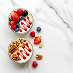 Two clear glass bowls of creamy dessert topped with berries and nuts rest on a bright white marble surface