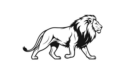 Black and white illustration of a walking lion with mane detail © Nandar