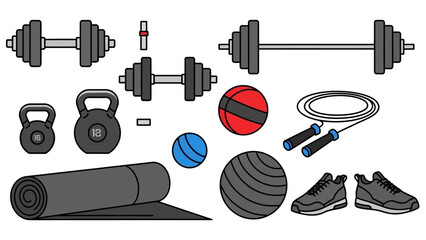 Collection of fitness equipment including dumbbells and yoga mat
