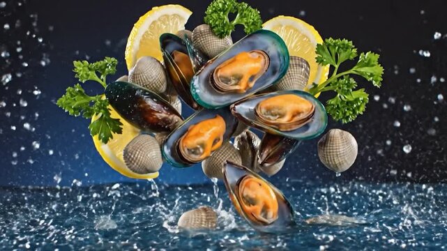 Fresh mussels clams lemon parsley water splash dynamic studio shot