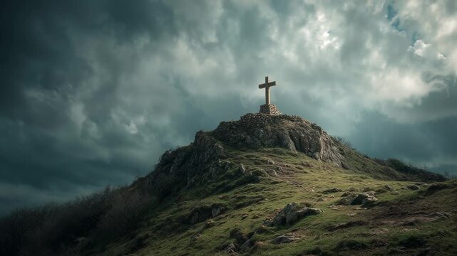 hill of calvary golgotha hill with dark cloudy sky stone