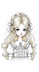 Young girl with flowing blonde hair and elaborate white dress is depicted in a detailed illustration