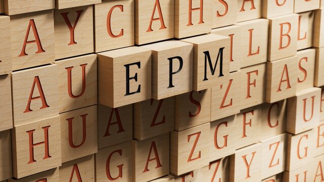 epm sign on wooden blocks and magnifier.close up of wooden blocks,Business Concept.3D rendering.