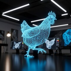 A digital rendering of a chicken, highlighted in glowing blue lines, positioned within a modern workspace environment.