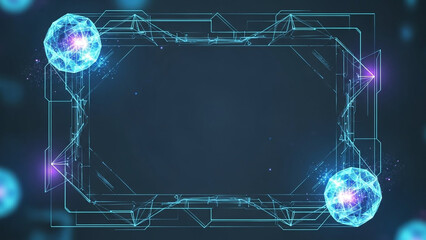 Futuristic abstract frame with glowing blue lines and two energy spheres on dark blue background, ideal for digital technology presentations
