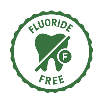 Green circular stamp with a tooth icon and prohibited sign on white background for natural dental care concept and organic product labeling