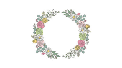 Floral wreath with colorful flowers and leaves on white background