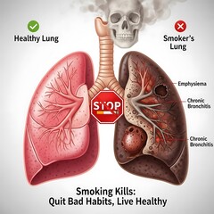 Comparison graphic illustrates the devastating internal effects of prolonged tobacco use on human respiratory organs