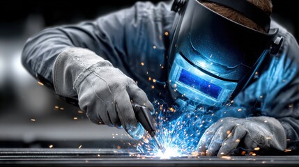 A man in a welding mask is working on a piece of metal