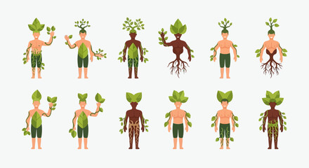 Set of stylized human figures composed of plants and roots.