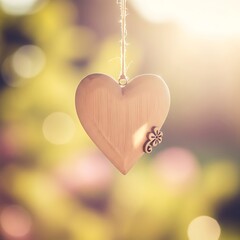 Wooden heart ornament hangs suspended against a bright, sunlit natural background