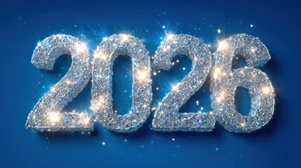 Sparkling silver "2026" text on blue, shimmering with glitter and bright light