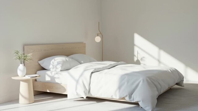 A bedroom scene a made bed with white linens dominates the space next to a bedside table with a plant in a vase and a standing lamp