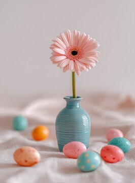 A single pink flower in a blue vase with colorful Easter eggs on a soft, patterned surface