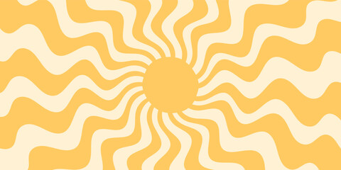 Groovy retro pattern with yellow and orange sun burst ray circles in a horizontal background. sun and sunshine motifs with y2k burst style create a bright, playful stylish summer mood.