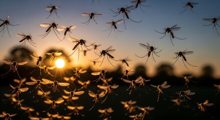 Numerous biting insects swarm together against the vibrant glow of a setting sun