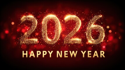 Sparkling 2026 New Year greeting on deep red, with bokeh and golden text below