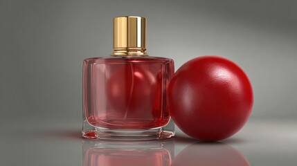 A crimson perfume bottle with a gold cap sits beside a matching red sphere on a reflective grey surface.  The image is clean and minimalist, focusing on the product's elegant design