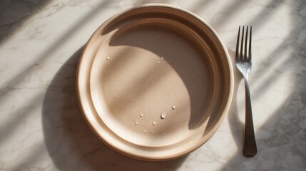 A tan, round plate sits empty on a marble surface, beside a silver fork. Sunlight streams through a window, casting shadows and highlighting water droplets on the plate