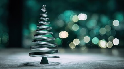 Sleek, spiral-shaped silver Christmas tree, bokeh lights in background, on a textured surface