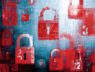 Digital data protection concept with numerous red padlocks symbolizing cybersecurity and information privacy in a network environment