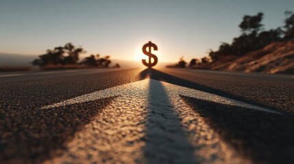 Dollar sign atop arrow pointing forward on road at sunset