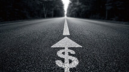 Money road arrow and dollar sign painted on asphalt leading into a blurred woods