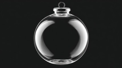 Spherical clear glass ornament with metal loop, isolated against black backdrop
