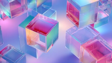 Transparent cubes with colorful, iridescent refractions layered across a gradient backdrop