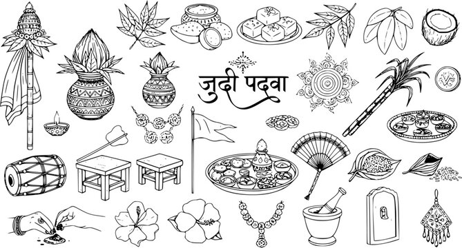 Black and White Line Art Hand Drawn Gudi Padwa Festival Elements Vector Illustration Set. Traditional Hindu Culture and Celebration Symbols for Indian Religious Holiday.