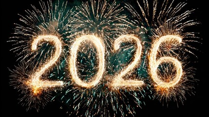 The numbers 2026 glow brightly against a black backdrop with fireworks erupting