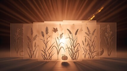 Warm, artistic layout featuring translucent botanical stencils layered over a glowing amber background, with delicate etched plants and sparkling particles creating a refined, magical mood.