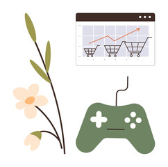 Chart showcasing shopping cart growth trend, vintage game controller, and botanical illustration. Ideal for business, technology, nature, retail growth, gaming eco-commerce balance. Simple flat © robu_s