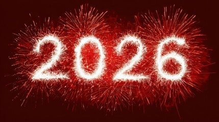 A vibrant fireworks display forming the year 2026 against a dark red backdrop