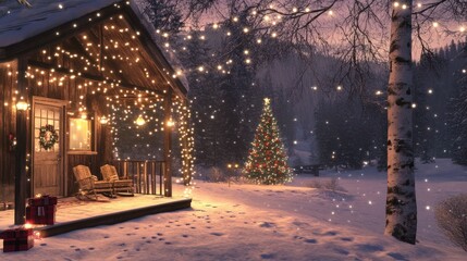 Christmas Cabin with Fairy Lights