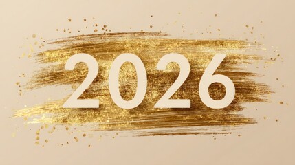 Beige background with golden brushstroke; the number 2026 is centered over the stroke